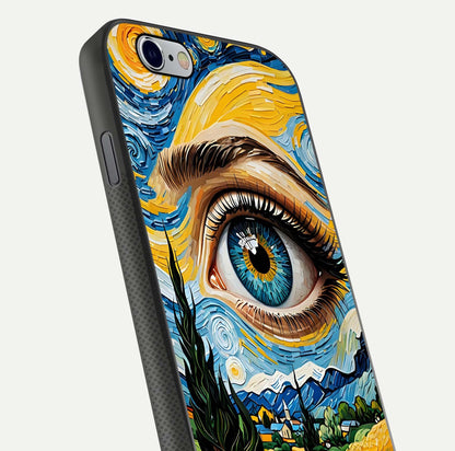 Van Gogh Eye Glass Case for iPhone 16 Pro close-up angled shot highlighting color blend and gloss reflection