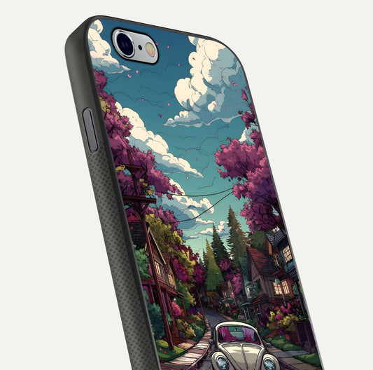 Vintage Street Drive Glass Case for iPhone 16 Pro close-up angled shot highlighting vintage tones and reflection