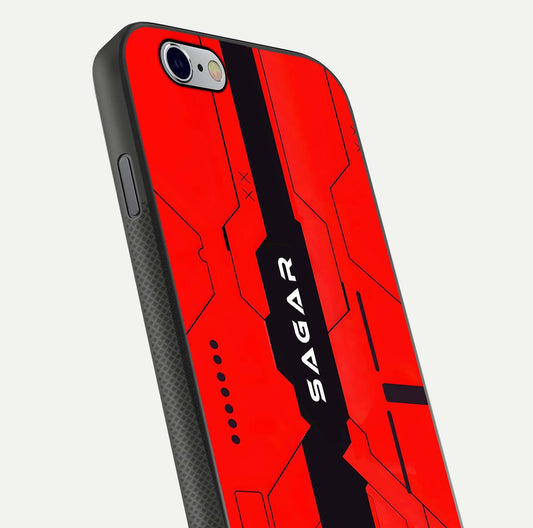 Voltage Rise CYBERPUNK Custom Name Glass Case for iPhone 16 Pro close-up angled shot highlighting neon glow and reflection