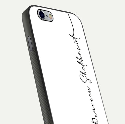 White Tune Custom Name Glass Case for iPhone 16 Pro close-up angled shot highlighting gloss reflection and texture