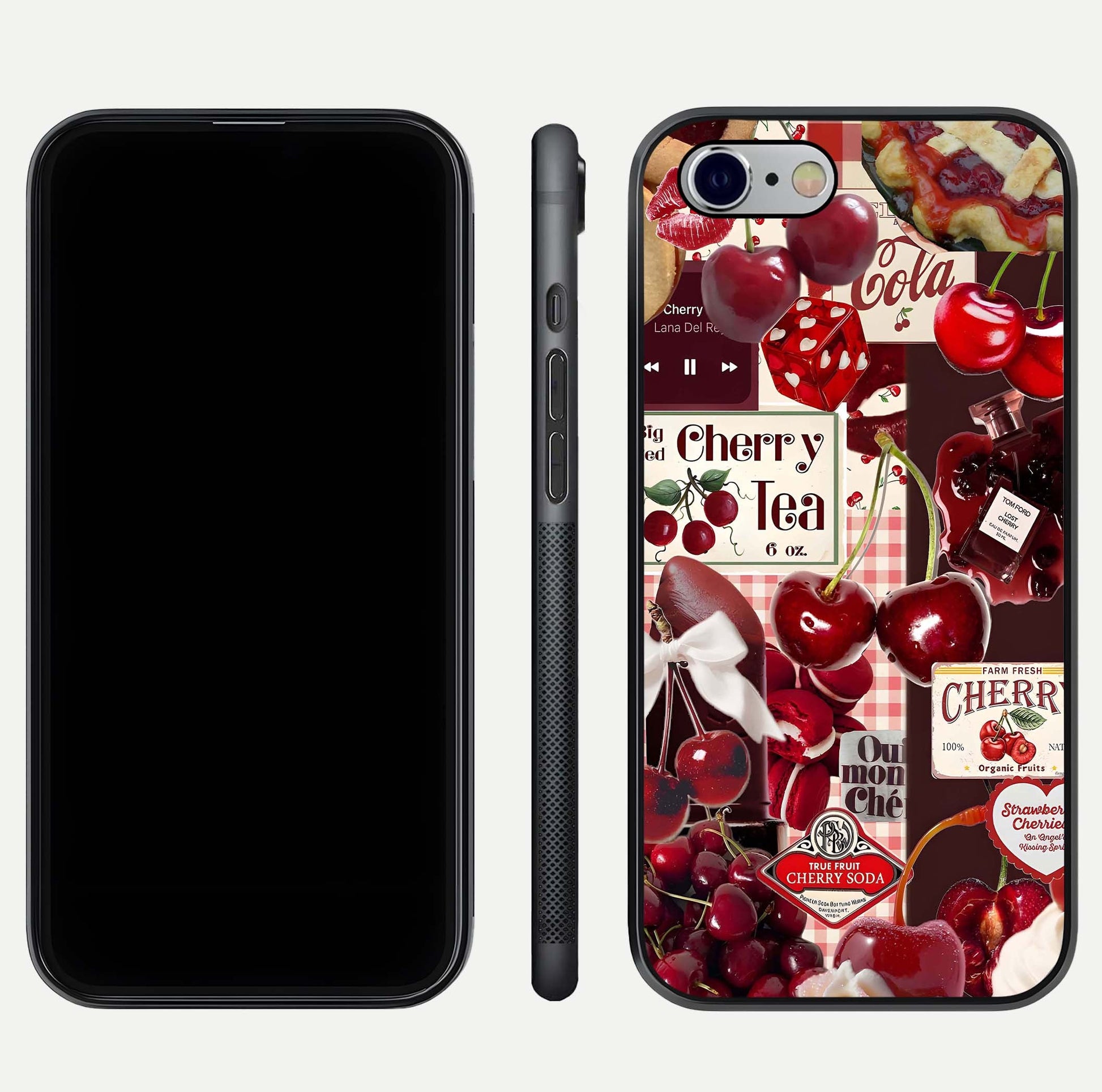Aesthetic Cherry Tea Glass Case for iPhone 16 Pro front and back view layout showing black front display and artistic cherry-themed glass back