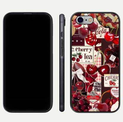 Aesthetic Cherry Tea Glass Case for iPhone 16 Pro front and back view layout showing black front display and artistic cherry-themed glass back