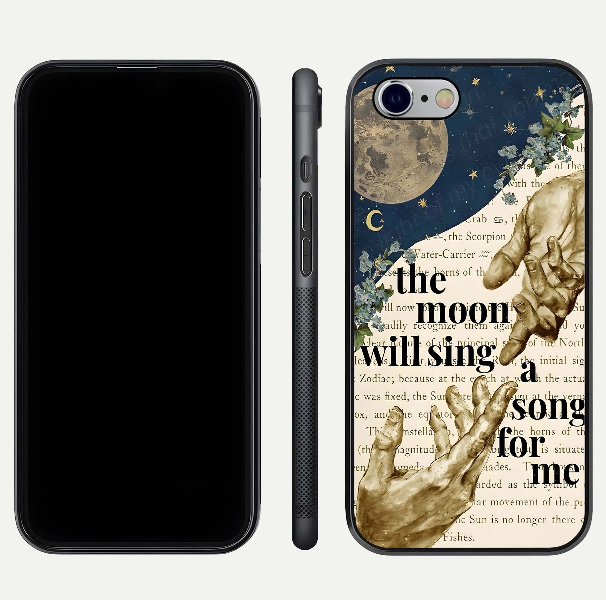 Aesthetic Divine Glass Case for iPhone 16 Pro front and back view layout showing black front display and divine art glass back
