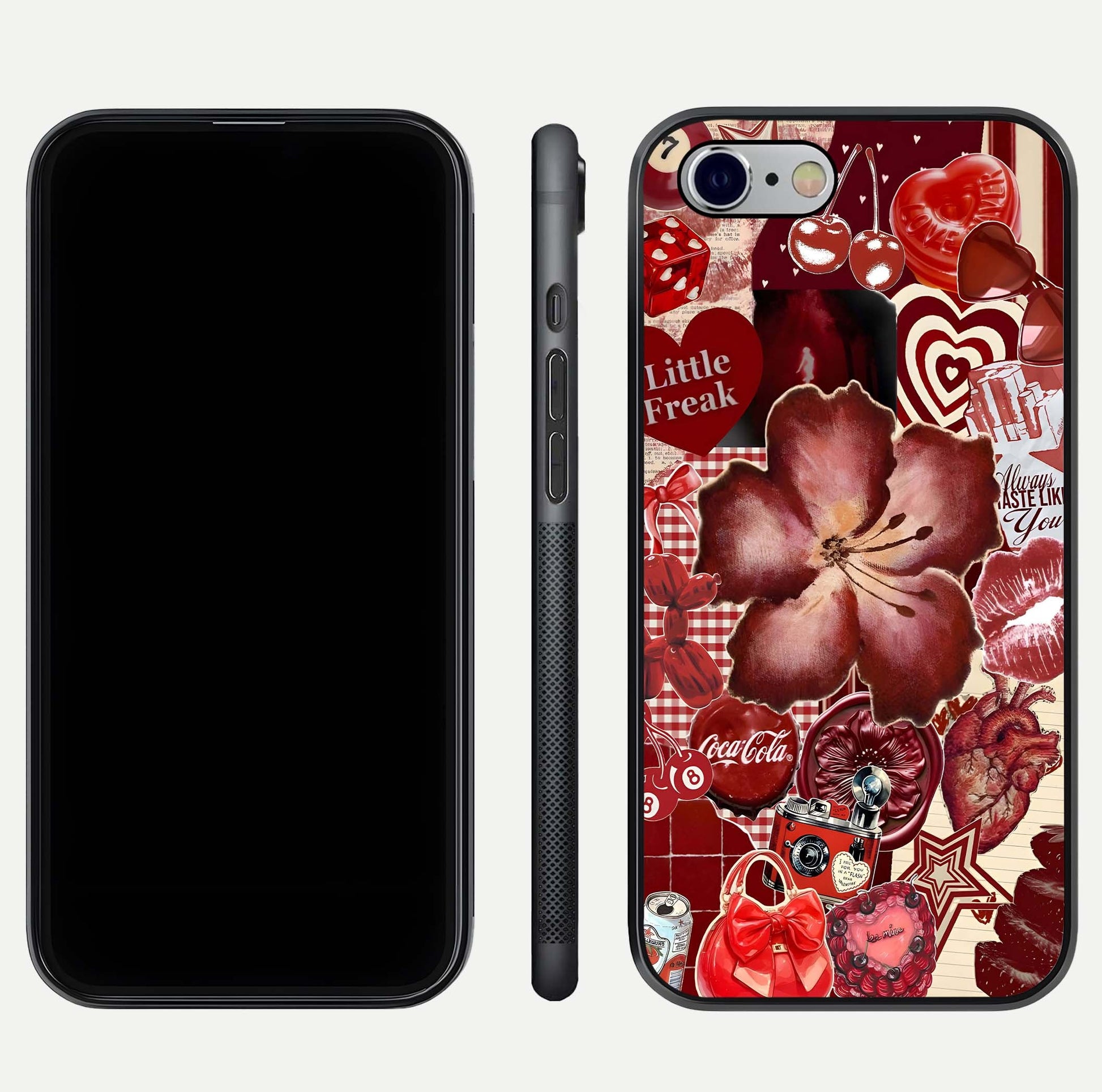 Aesthetic Little Freak Glass Case for iPhone 16 Pro front and back view layout showing black front display and trendy collage glass back