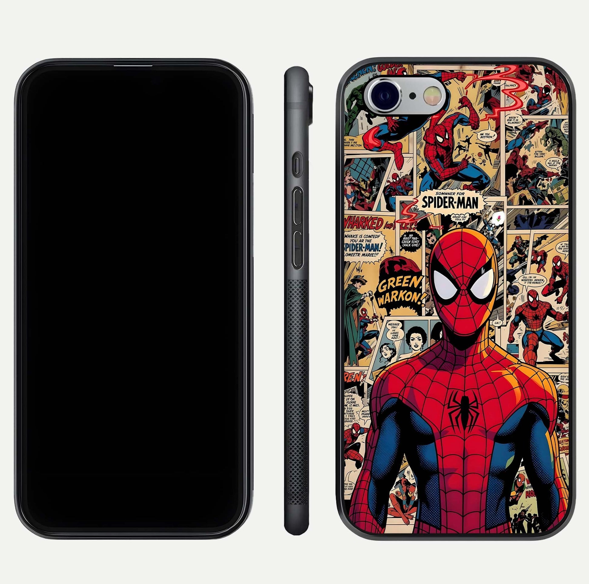 Aesthetic Spider Man Glass Case for iPhone 16 Pro front and back view layout showing black front display and Spider-Man art glass back