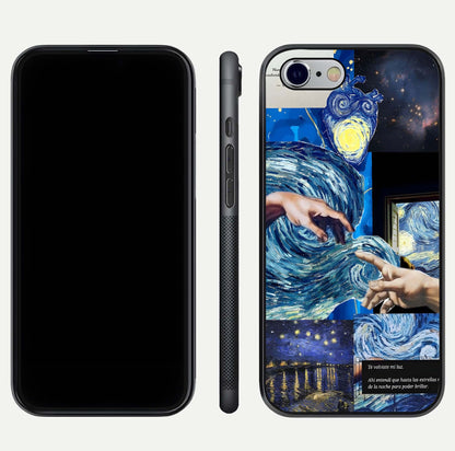 Aesthetic Vando Hands Glass Case for iPhone 16 Pro front and back layout highlighting camera cutout and premium glass shine