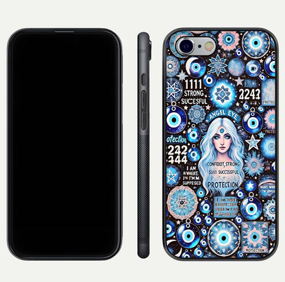 Angel Aura Shield Glass Case for iPhone 16 Pro front and back display highlighting glass clarity and spiritual design