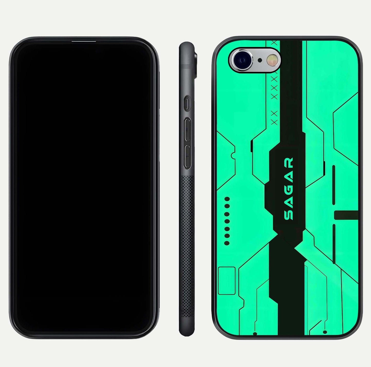 Aqua Tech CYBERPUNK Custom Name Glass Case for iPhone 16 Pro front and back display showing sleek tech pattern and shine