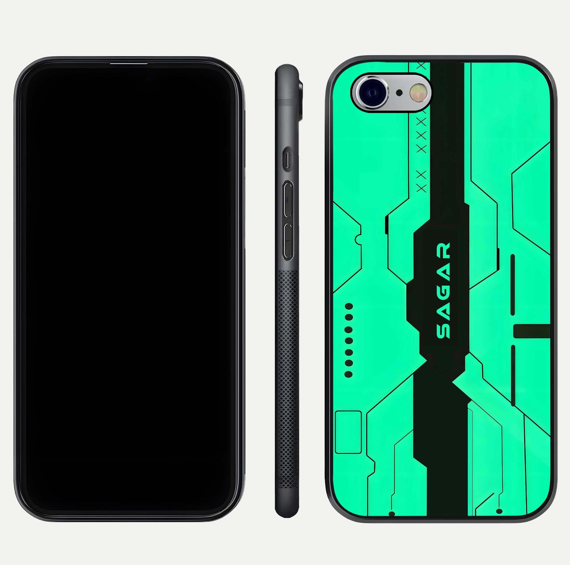 Aqua Tech CYBERPUNK Custom Name Glass Case for iPhone 16 Pro front and back display showing sleek tech pattern and shine