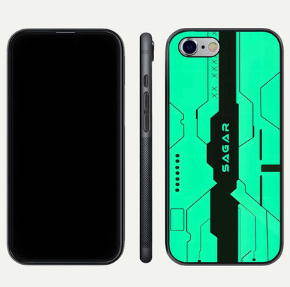 Aqua Tech CYBERPUNK Custom Name Glass Case for iPhone 16 Pro front and back display showing sleek tech pattern and shine