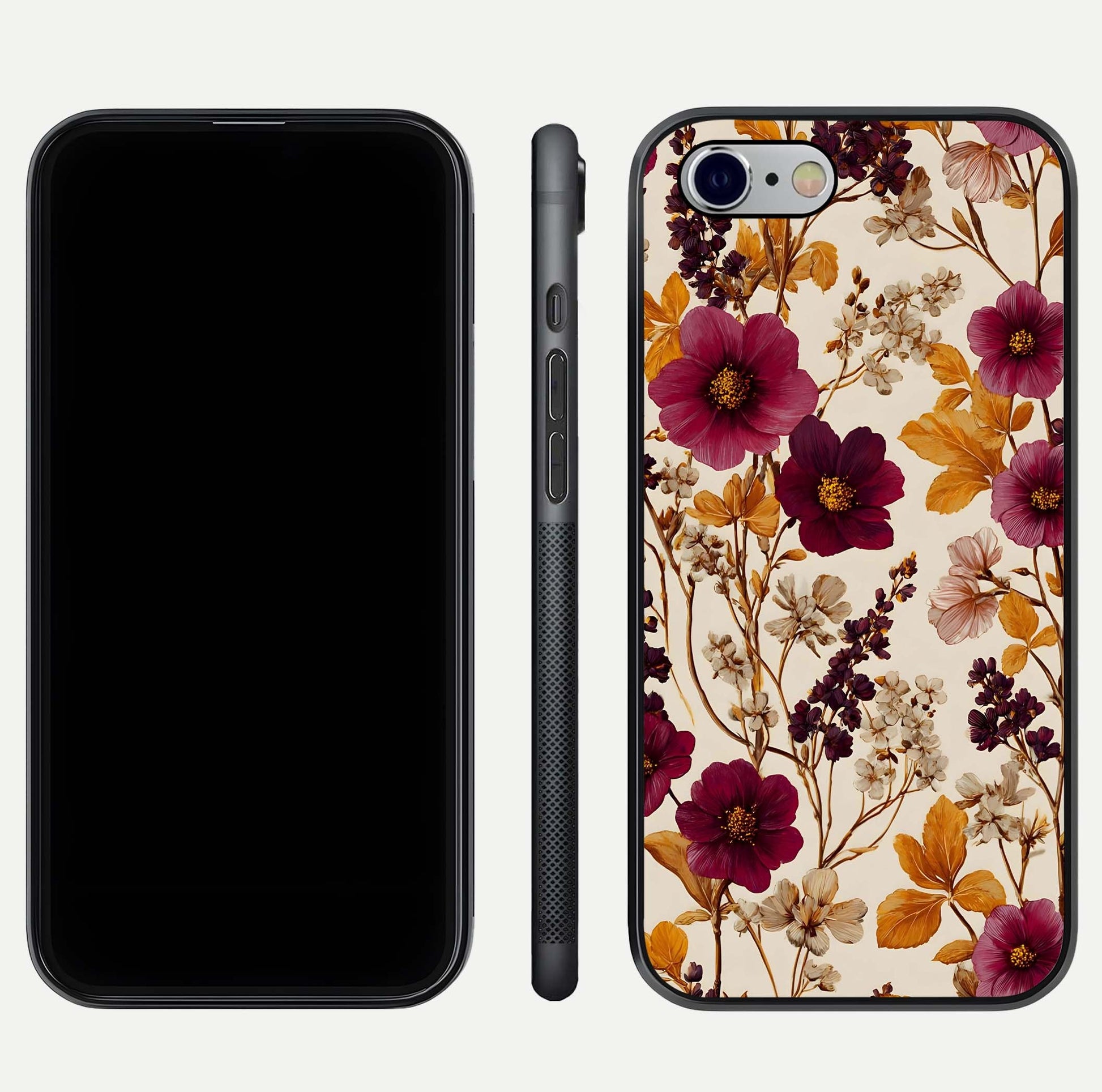 Autumn Wine Bloom Glass Case for iPhone 16 Pro front and back layout showing autumn print and HD glass clarity