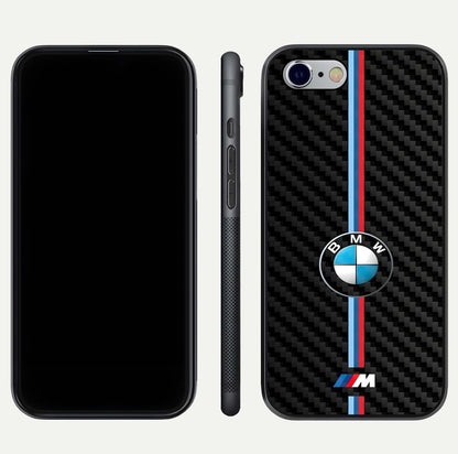 BMW Pattern Glass Case for iPhone 16 Pro front-and-back layout displaying car-themed art and premium glass gloss