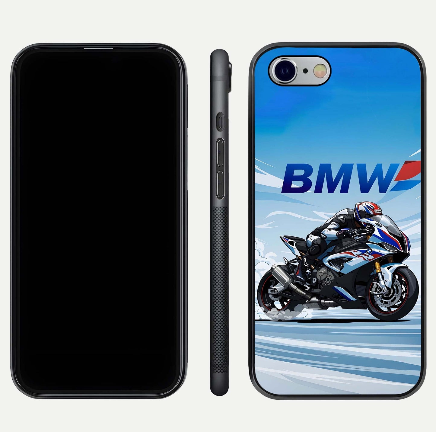 BMW Power Drift Glass Case for iPhone 16 Pro dual-view layout showing energy pattern and edge clarity