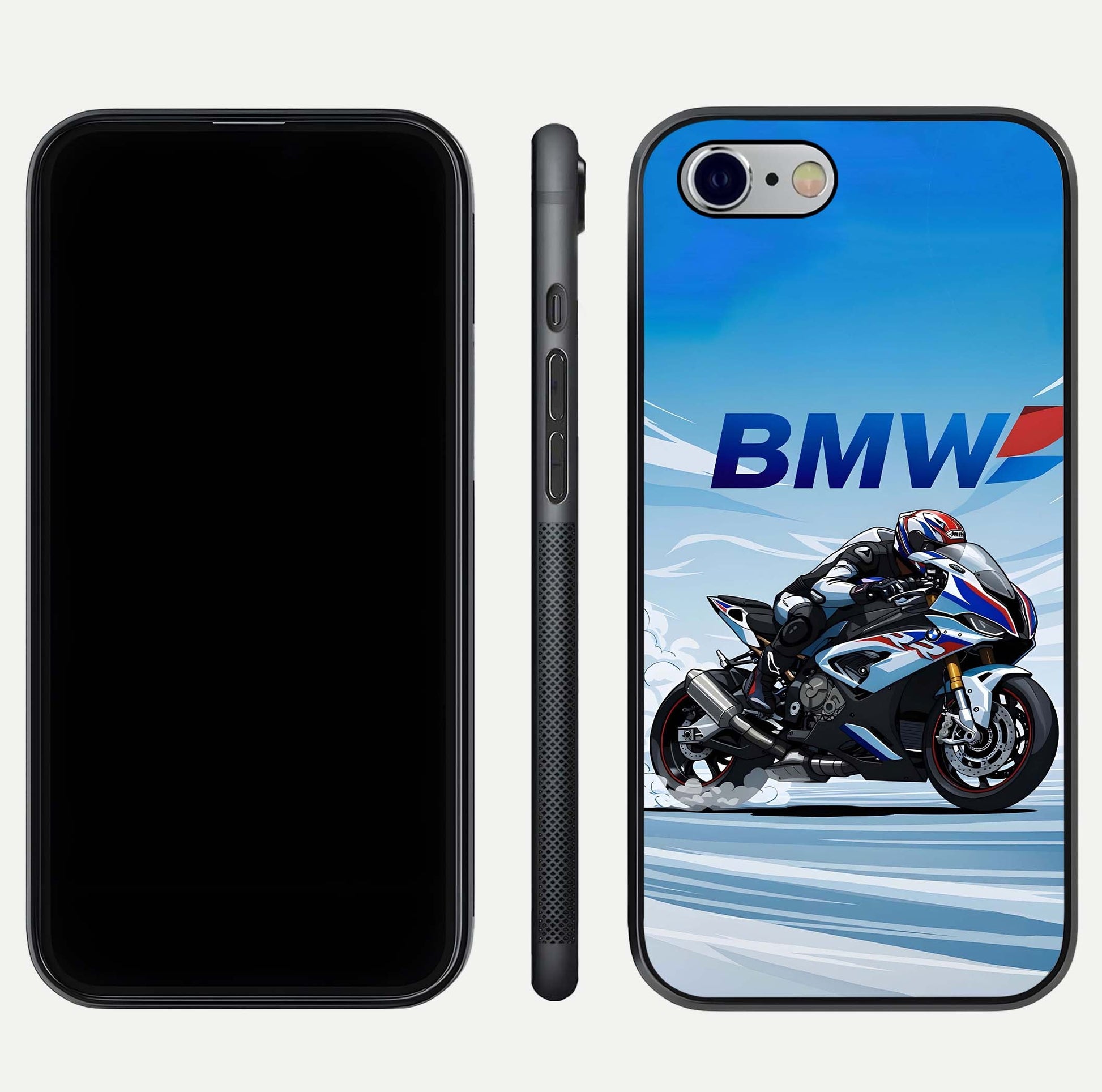 BMW Power Drift Glass Case for iPhone 16 Pro dual-view layout showing energy pattern and edge clarity