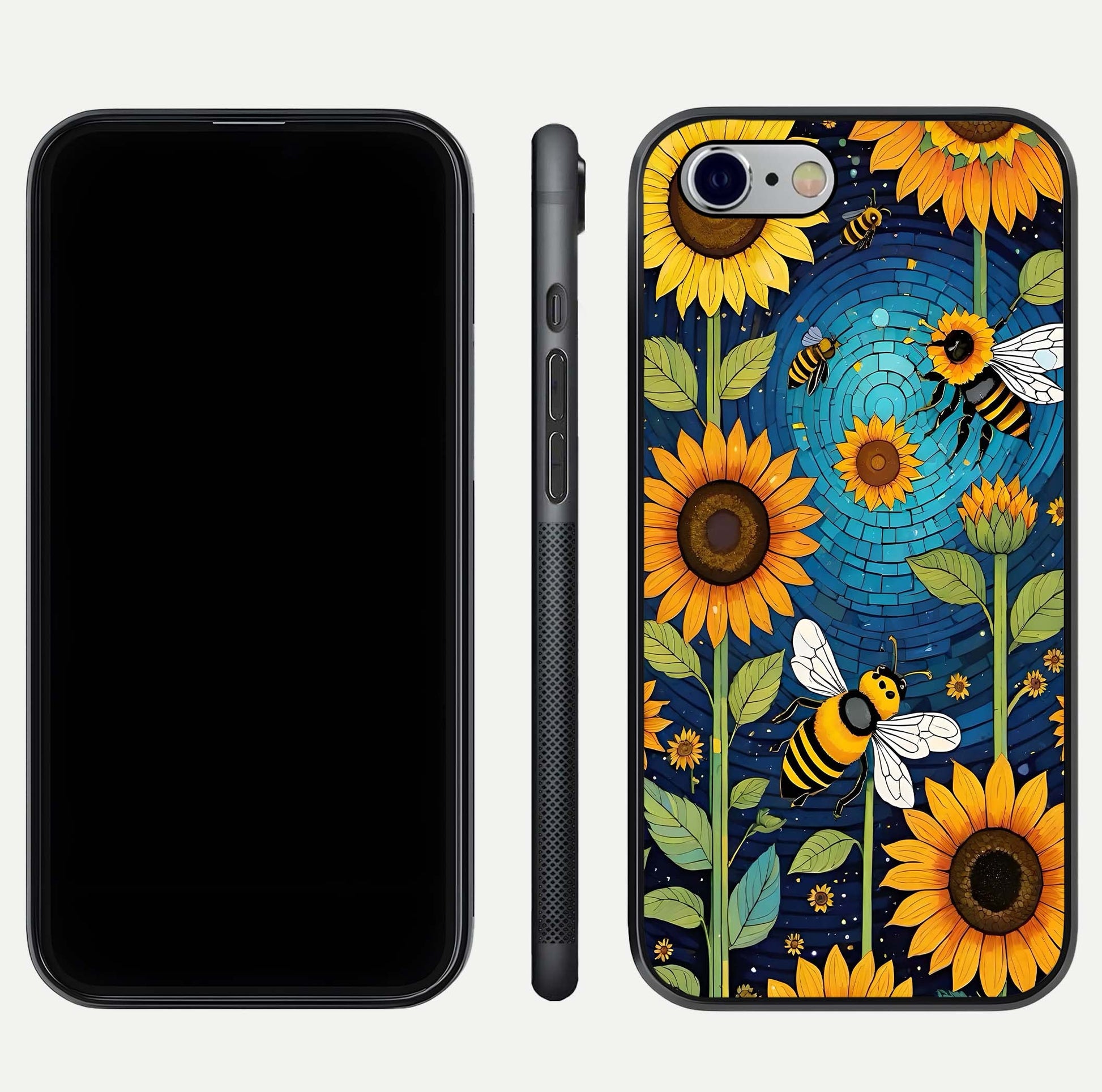 Bees & Sunflowers Glass Case for iPhone 16 Pro front-and-back layout highlighting nature-inspired artwork and protective edge