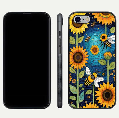 Bees & Sunflowers Glass Case for iPhone 16 Pro front-and-back layout highlighting nature-inspired artwork and protective edge