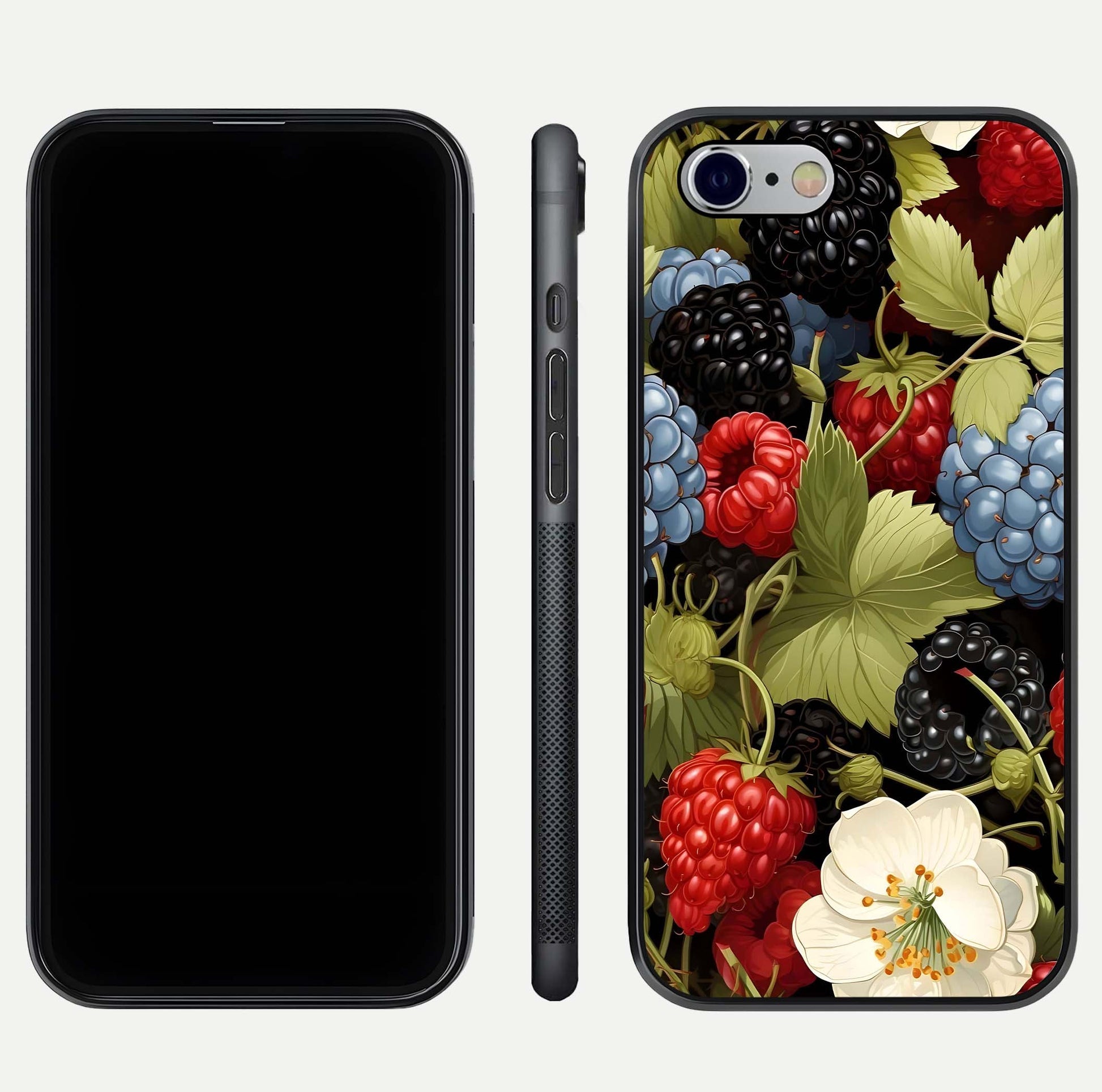 Berry Bloom Charm Glass Case for iPhone 16 Pro front-and-back layout showing floral pattern continuity and smooth glass shine