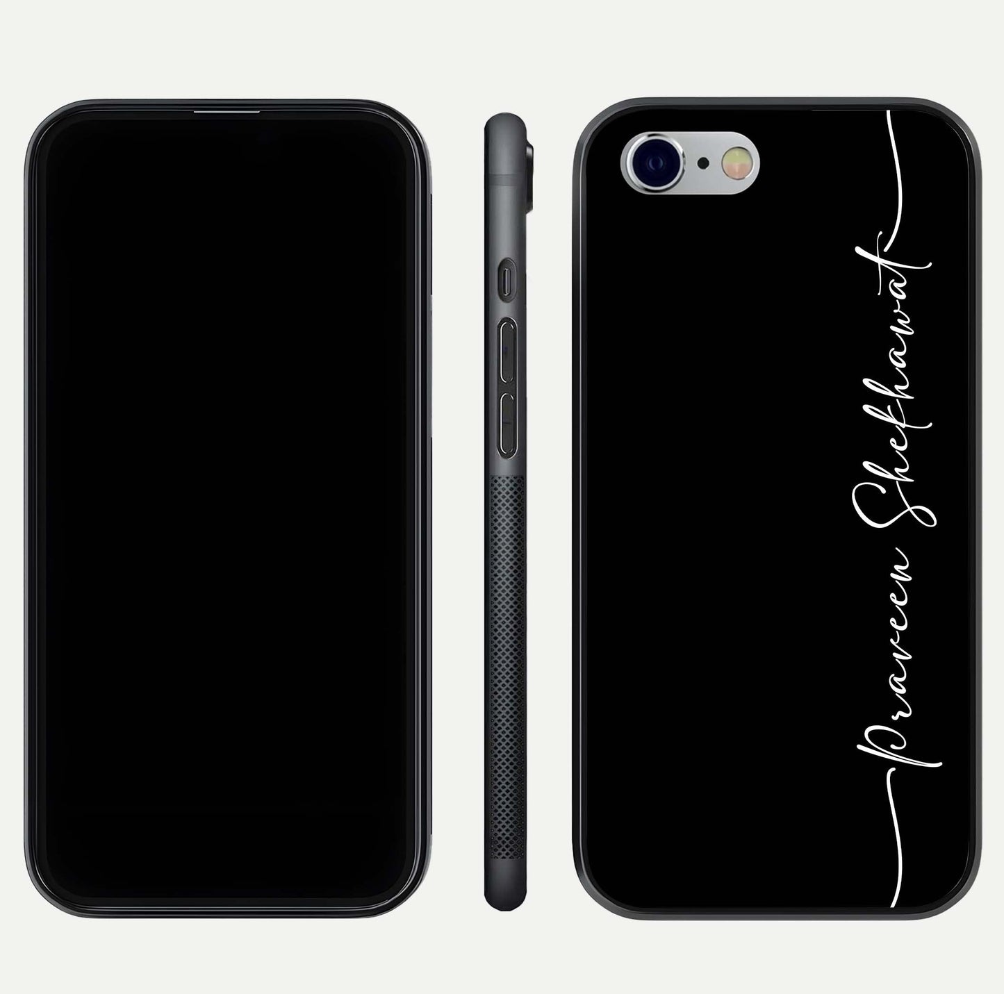 Black Tune Custom Name Glass Case for iPhone 16 Pro front-and-back layout showing personalized name zone and edges
