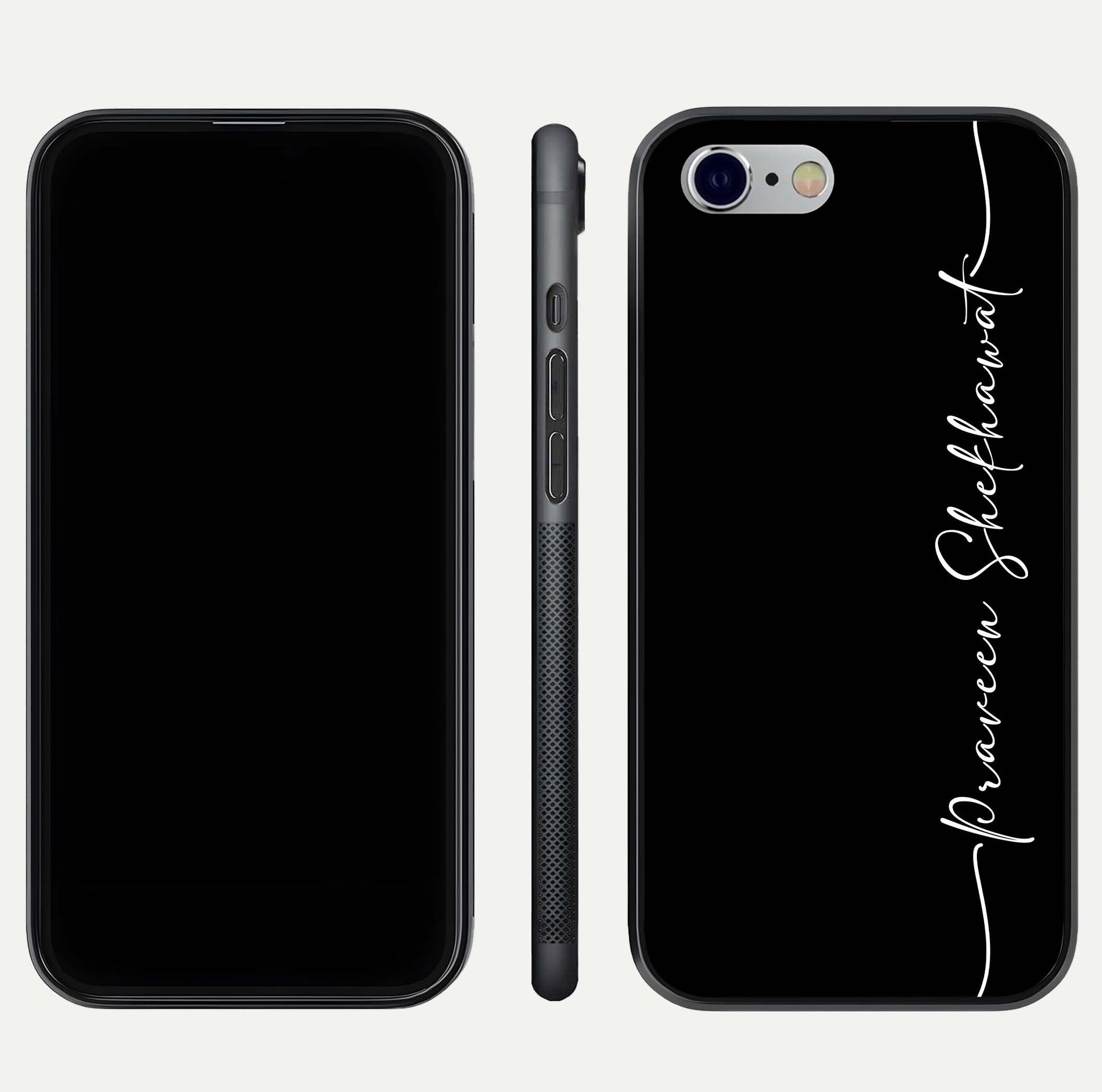 Black Tune Custom Name Glass Case for iPhone 16 Pro front-and-back layout showing personalized name zone and edges