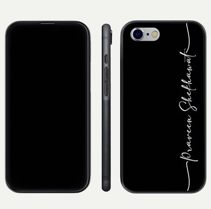 Black Tune Custom Name Glass Case for iPhone 16 Pro front-and-back layout showing personalized name zone and edges