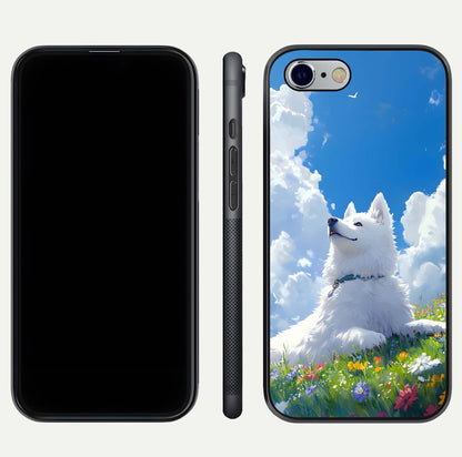 Blissful Cloud Pup Glass Case for iPhone 16 Pro front-and-back layout showing art alignment and edge design