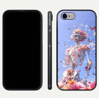 Bloom Beyond Bones Glass Case for iPhone 16 Pro dual-view layout showing creative aesthetic and edge design