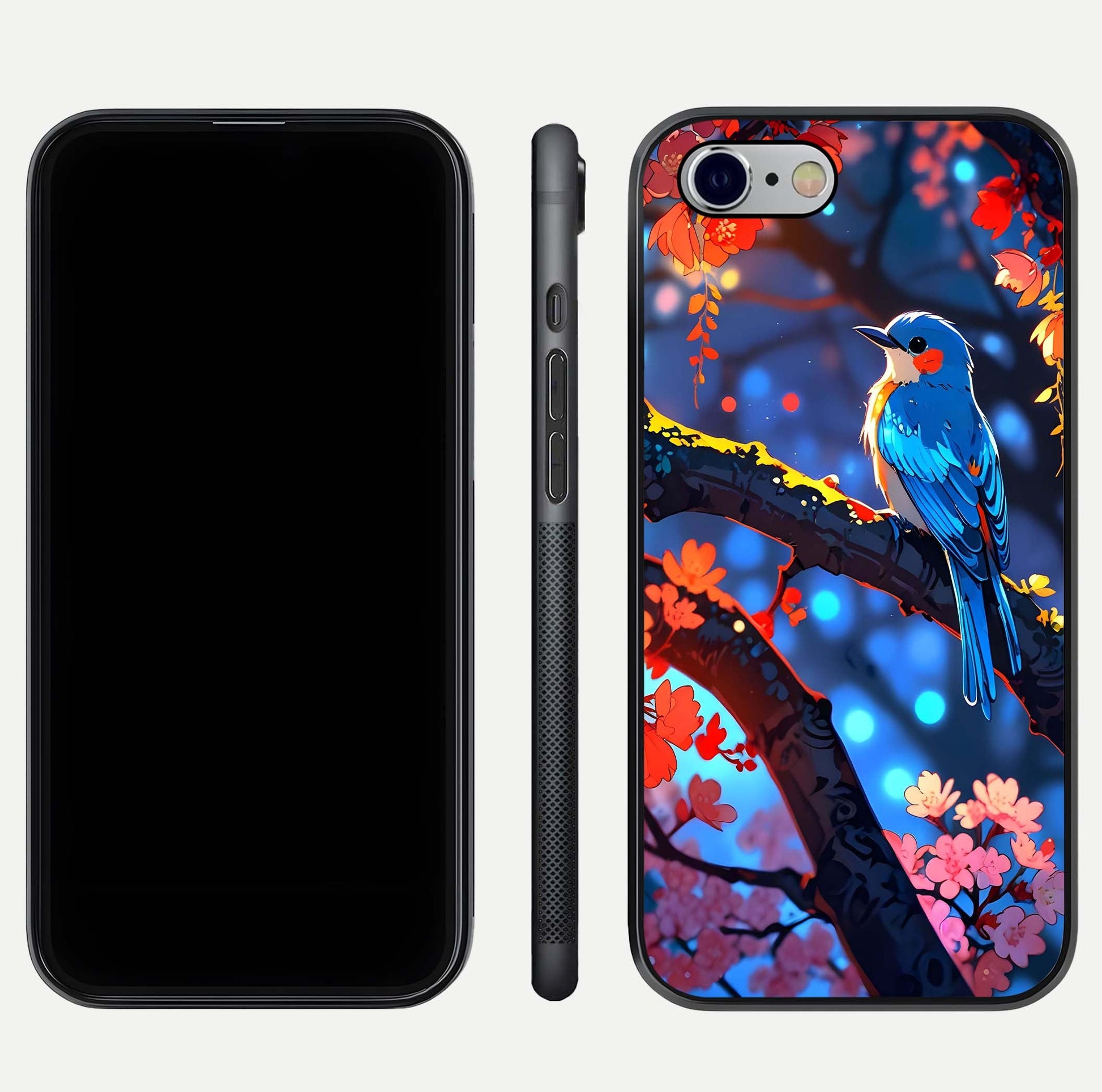 Blooming Spendor Bird Glass Case for iPhone 16 Pro front-and-back view showing nature print and protective edge