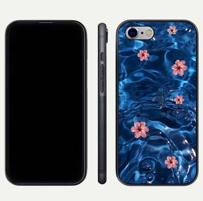 Blooming Water Drift Glass Case for iPhone 16 Pro front-and-back layout highlighting edge design and serene water bloom art