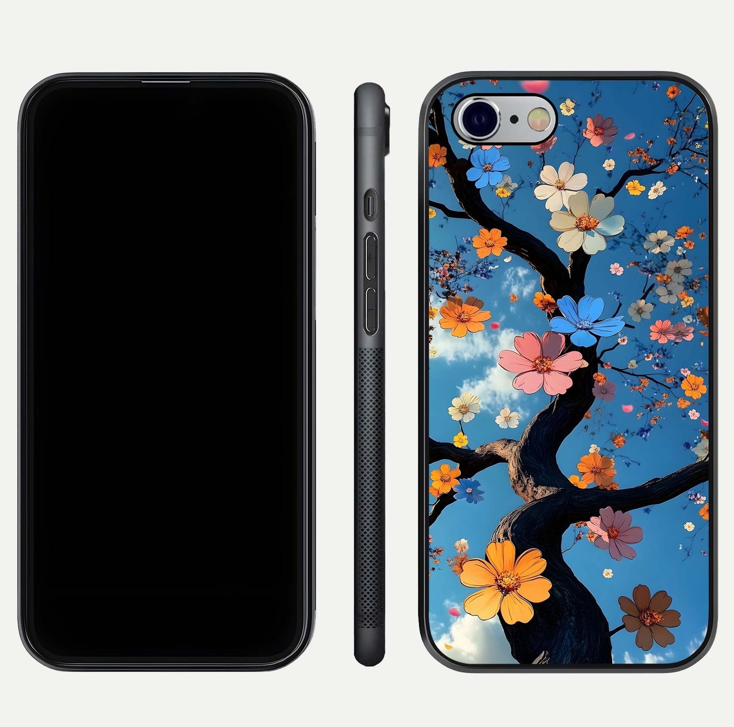Blossom Dream Sky Glass Case for iPhone 16 Pro front-and-back layout showing floral print and premium edge gloss