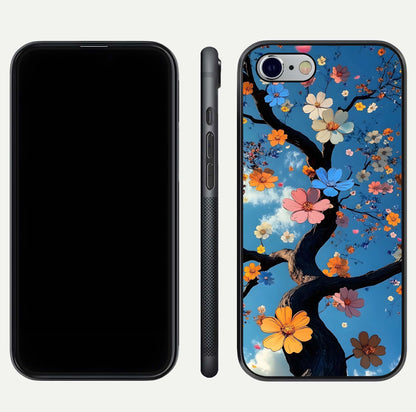 Blossom Dream Sky Glass Case for iPhone 16 Pro front-and-back layout showing floral print and premium edge gloss