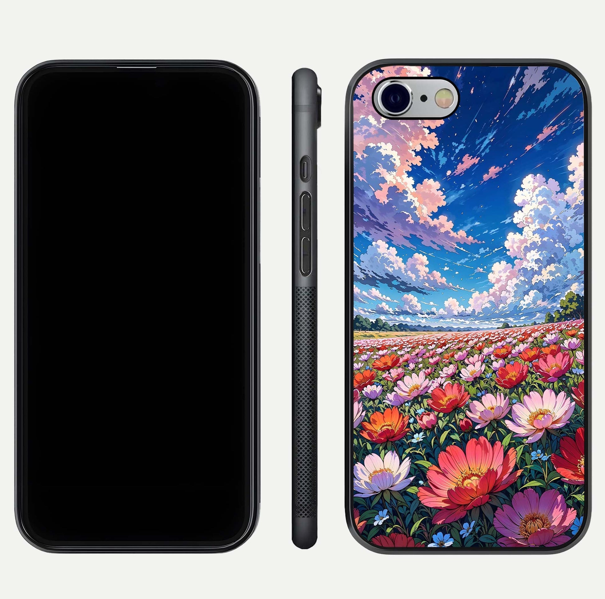 Blossom Sky Field Glass Case for iPhone 16 Pro front-and-back layout highlighting design edges and gloss clarity
