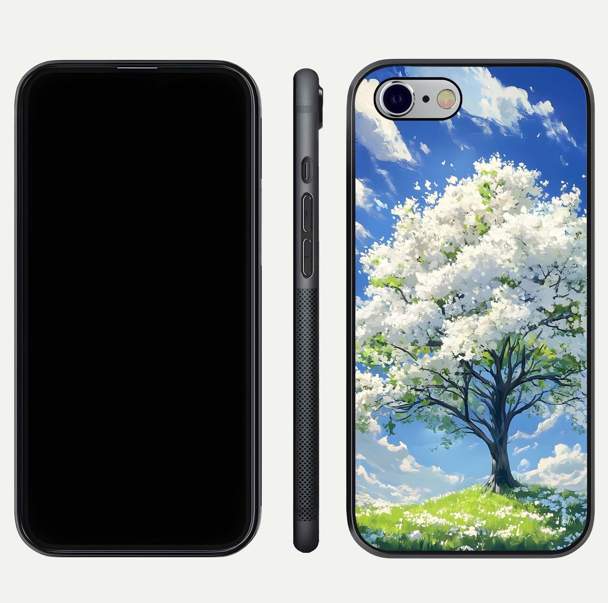 Blossom Sky Serenity Glass Case for iPhone 16 Pro dual-view layout showing pastel hues and soft protective edges
