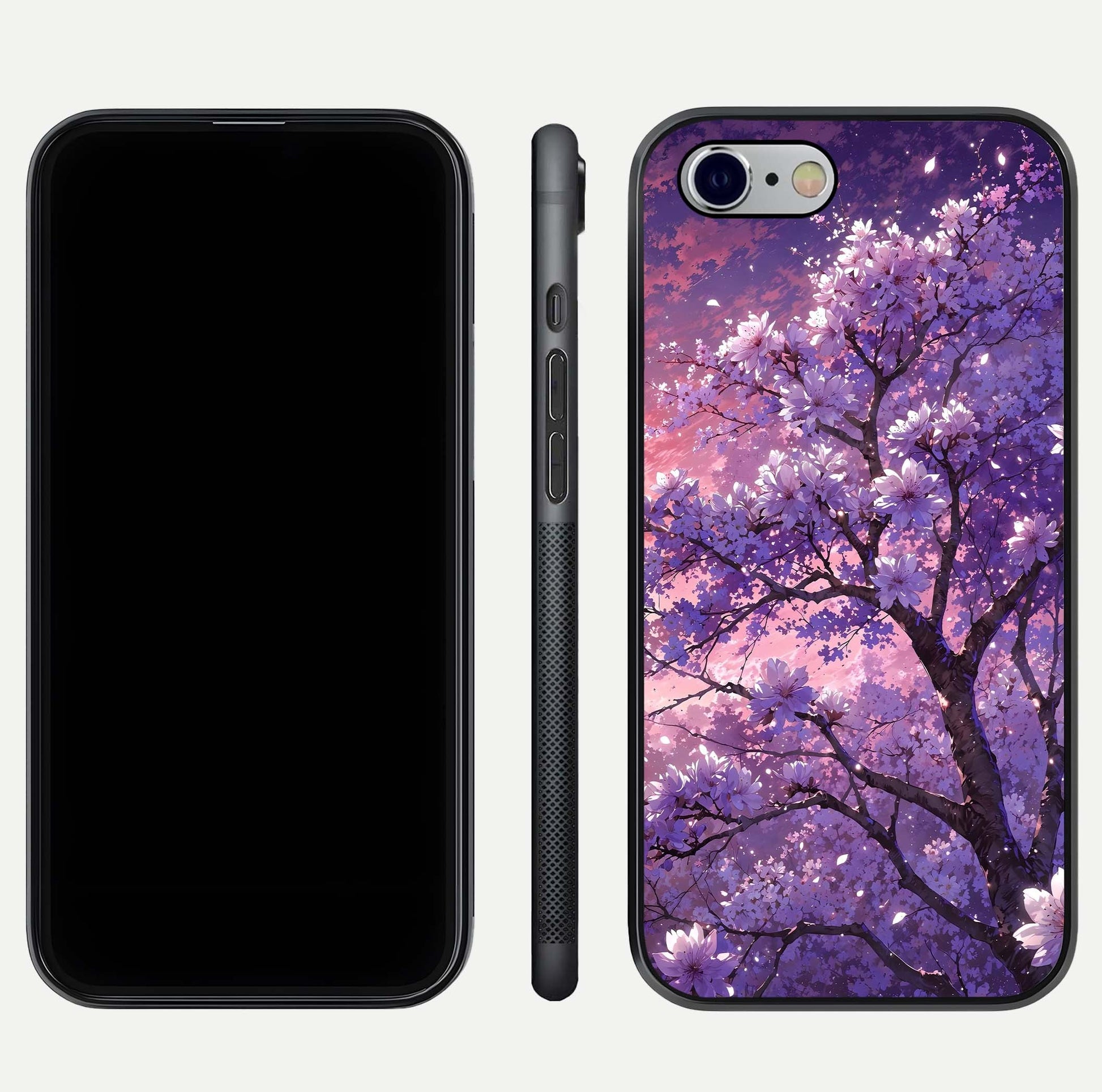 Blossom Tree Glass Case for iPhone 16 Pro front-and-back layout showing art alignment and gloss reflection