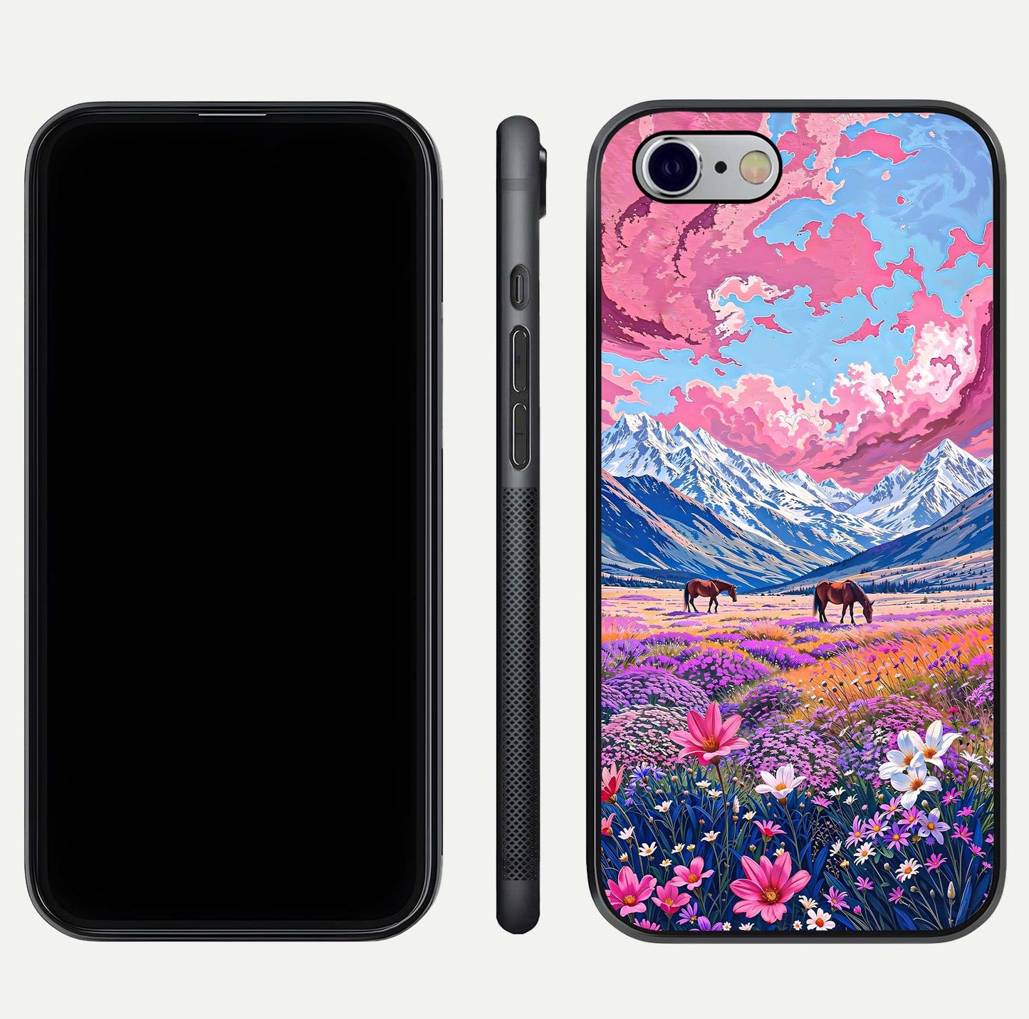 Blossom Valley Dream Glass Case for iPhone 16 Pro front-and-back layout highlighting glossy reflection and edge cut