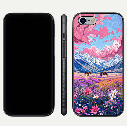 Blossom Valley Dream Glass Case for iPhone 16 Pro front-and-back layout highlighting glossy reflection and edge cut