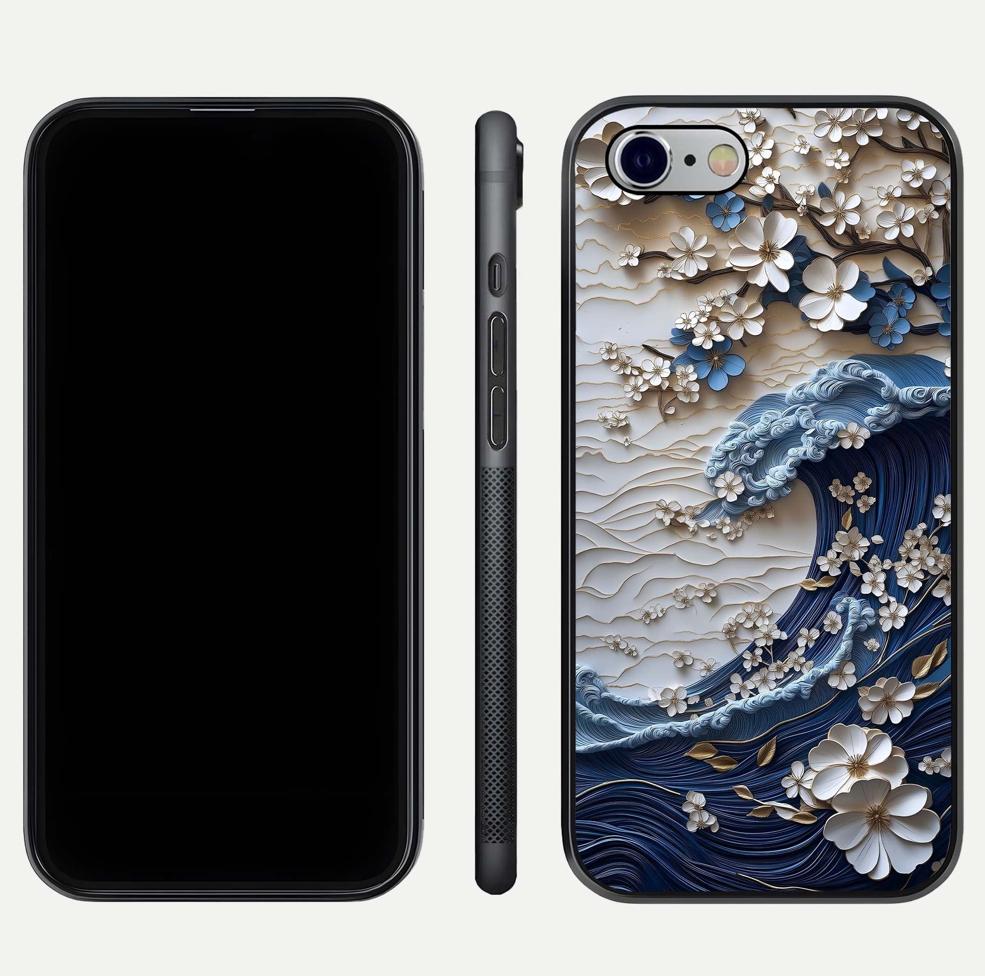 Blossom Wave Art Glass Case for iPhone 16 Pro front-and-back layout showing curved design and glass clarity