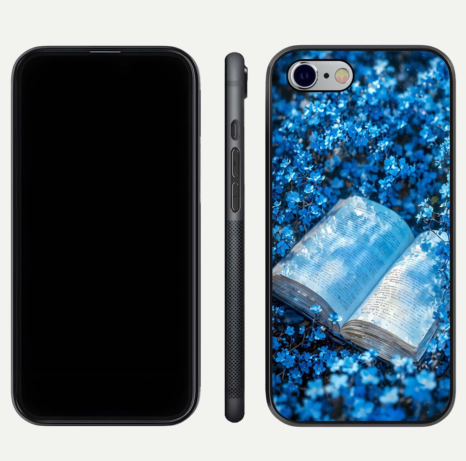 Blue Bloom Tales Glass Case for iPhone 16 Pro dual-view layout highlighting shine, floral print, and smooth edges