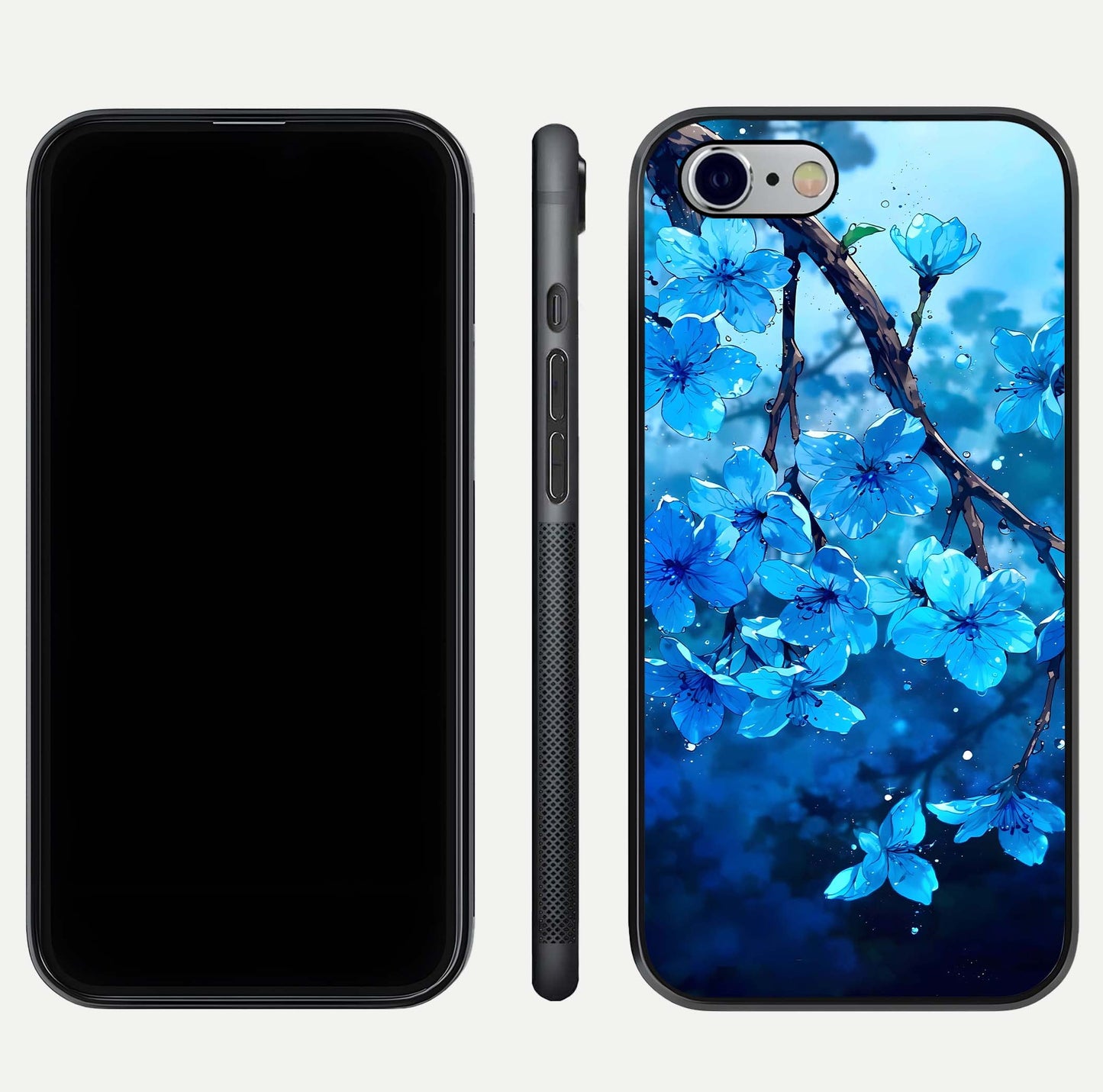 Blue Blossoms Branch Glass Case for iPhone 16 Pro dual-view layout displaying floral art and sleek protective frame
