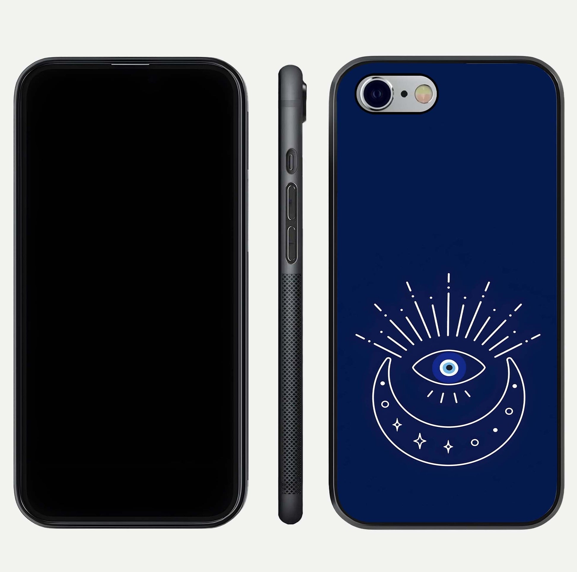 Blue Evil Eye Glass Case for iPhone 16 Pro front-and-back layout showing blue aura design and curved-edge clarity