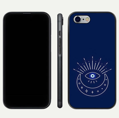 Blue Evil Eye Glass Case for iPhone 16 Pro front-and-back layout showing blue aura design and curved-edge clarity