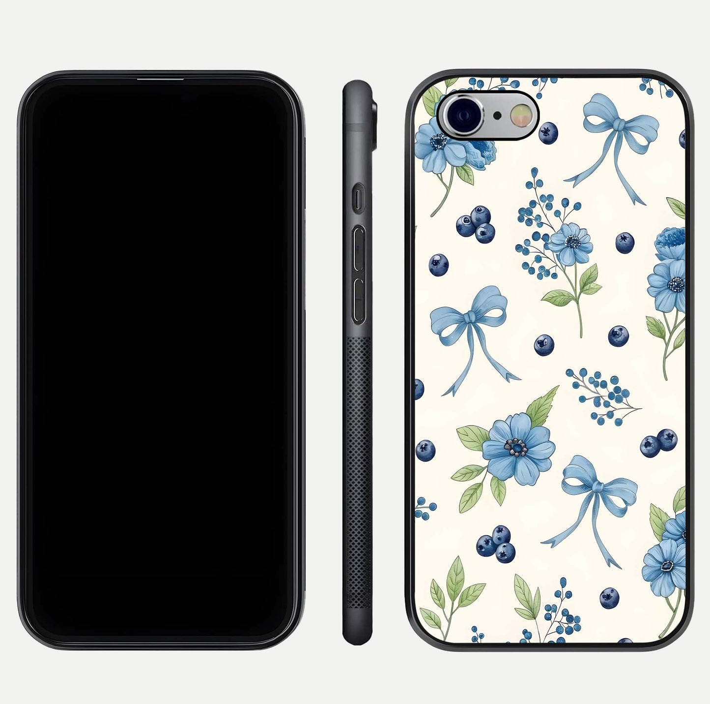 Blue Flower & Bow Glass Case for iPhone 16 Pro dual-view layout showing balanced pattern and smooth edges