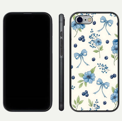 Blue Flower & Bow Glass Case for iPhone 16 Pro dual-view layout showing balanced pattern and smooth edges