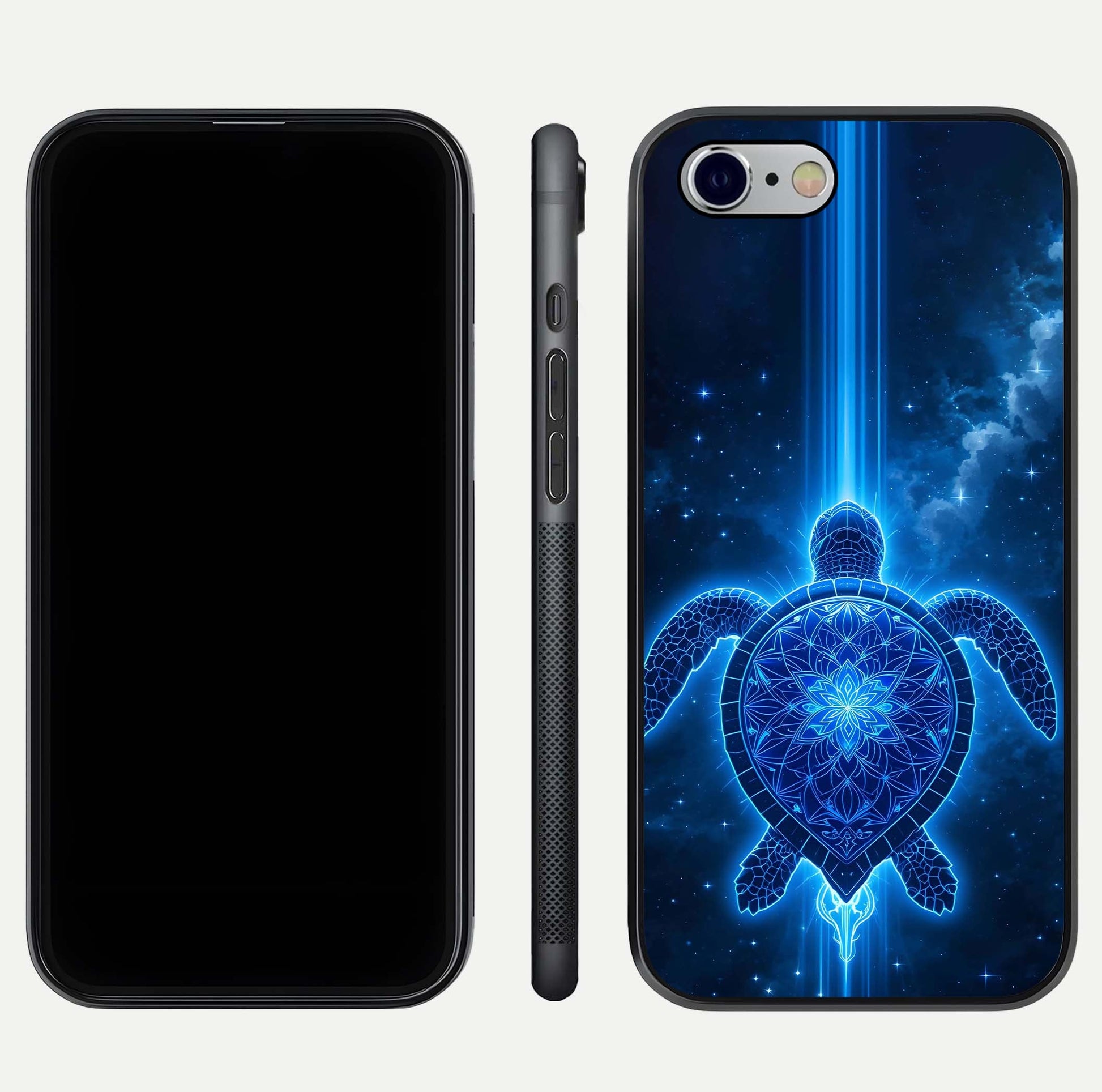 Blue Galaxy Turtle Glass Case for iPhone 16 Pro front-and-back layout highlighting cosmic art and reflective glass