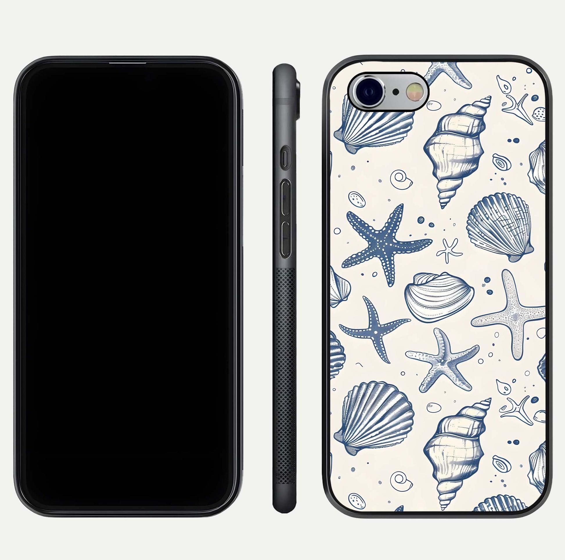 Blue Ocean Outline Glass Case for iPhone 16 Pro front-and-back layout showing minimal wave design and HD gloss