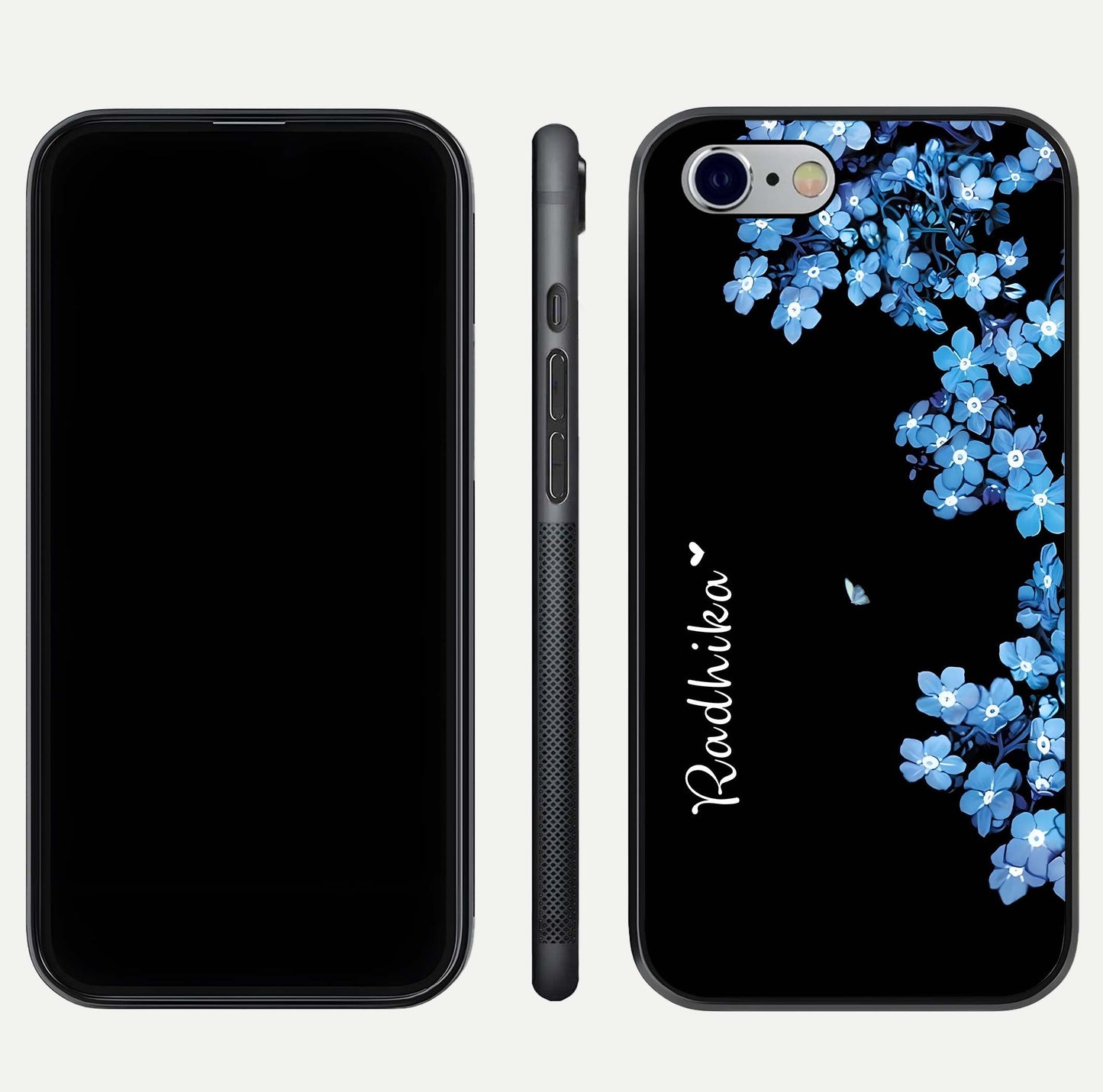 Blue Petal Dream Custom Name Glass Case for iPhone 16 Pro dual-view layout showing text placement and premium finish