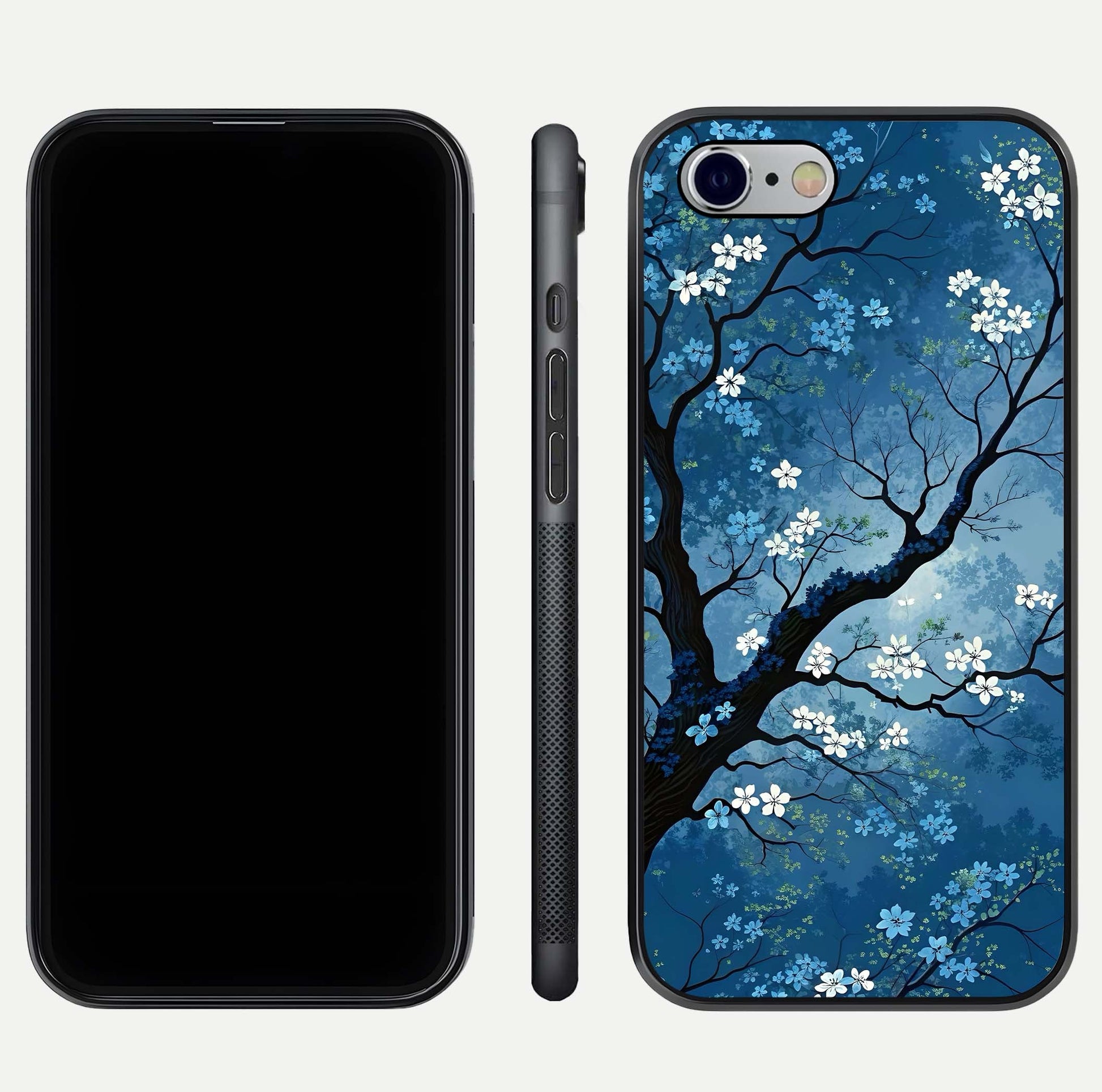 Blue Tree Serenity Glass Case for iPhone 16 Pro front-and-back layout showing gradient background and smooth edges