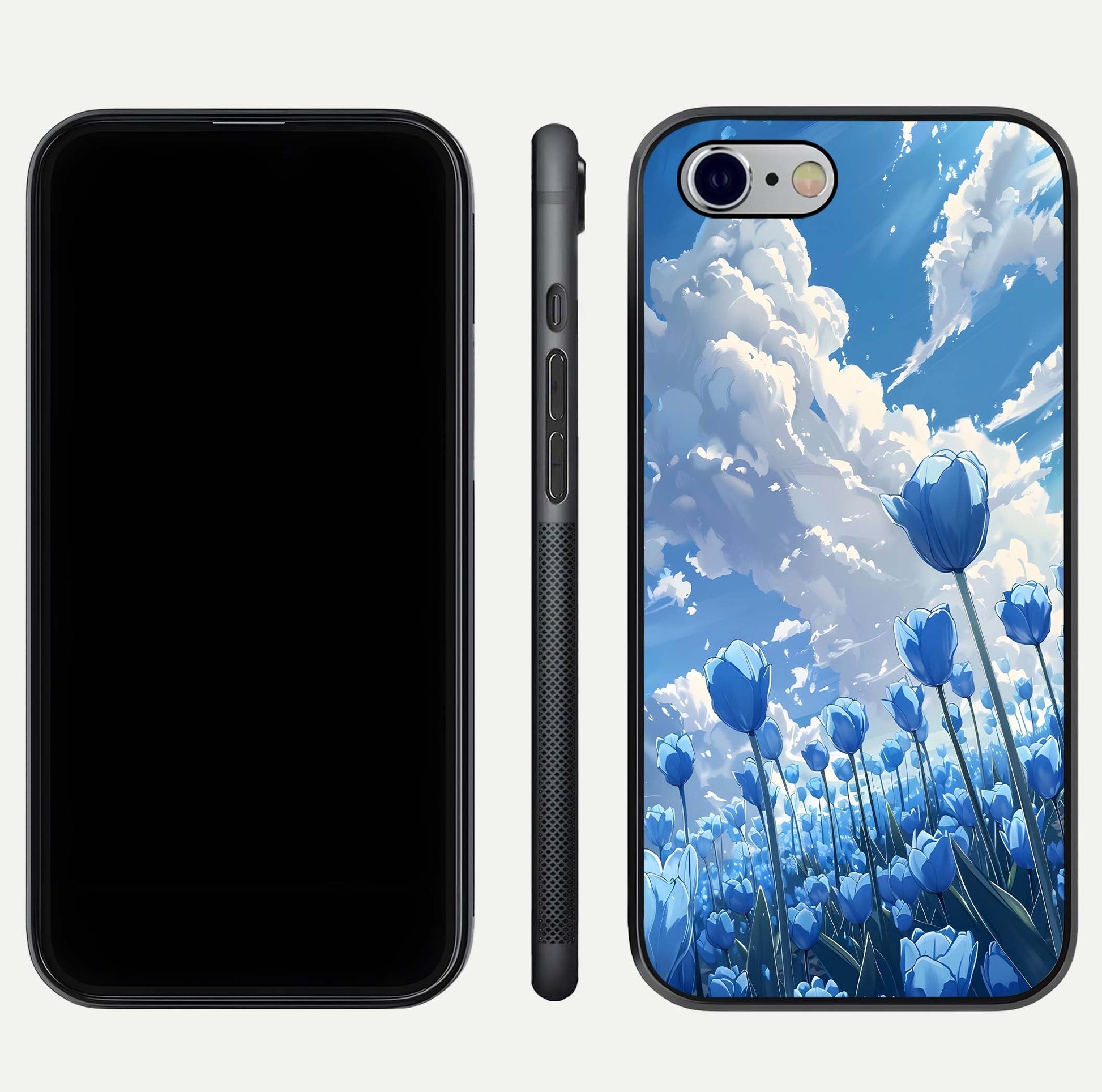 Blue Tulip Clouds Glass Case for iPhone 16 Pro front-and-back layout showcasing floral detail and polished edges