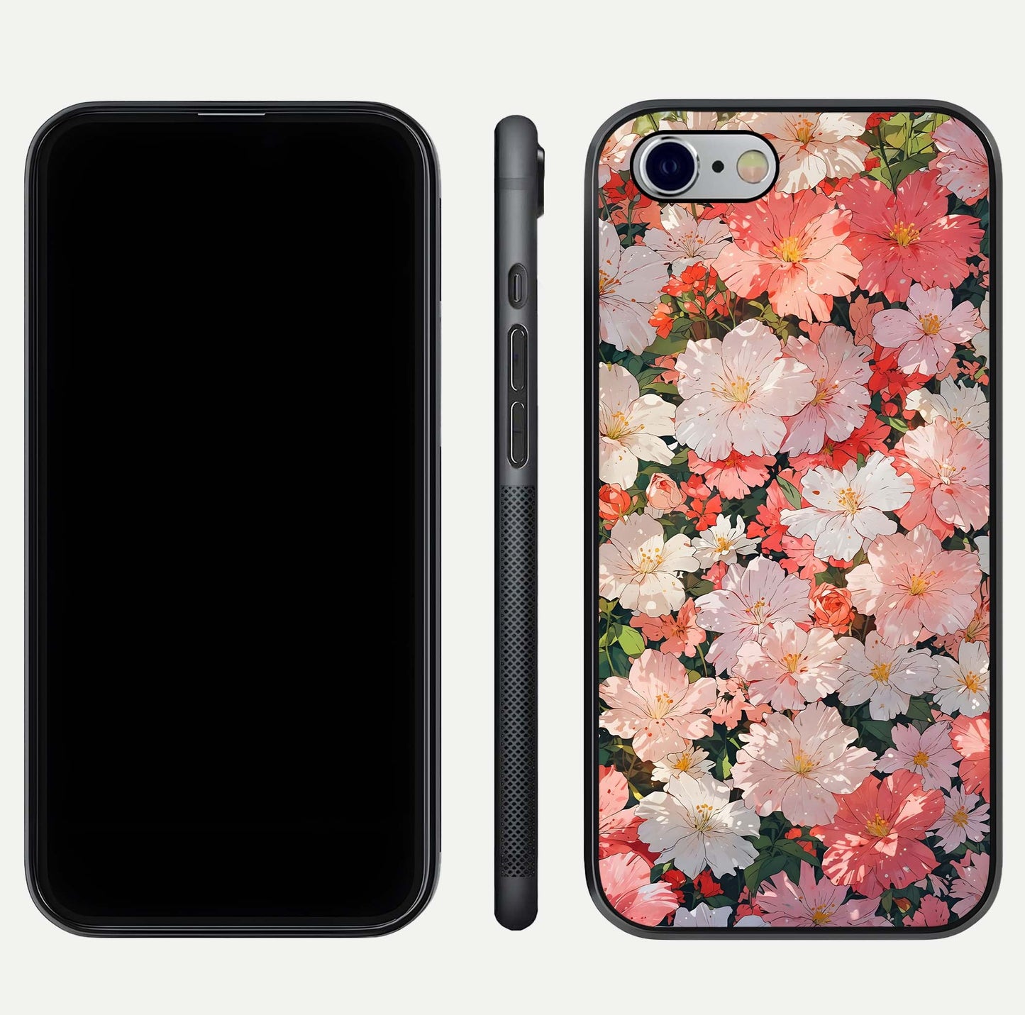 Blush Bloom Field Glass Case for iPhone 16 Pro dual-view layout showing bloom arrangement and protective frame