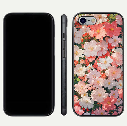 Blush Bloom Field Glass Case for iPhone 16 Pro dual-view layout showing bloom arrangement and protective frame