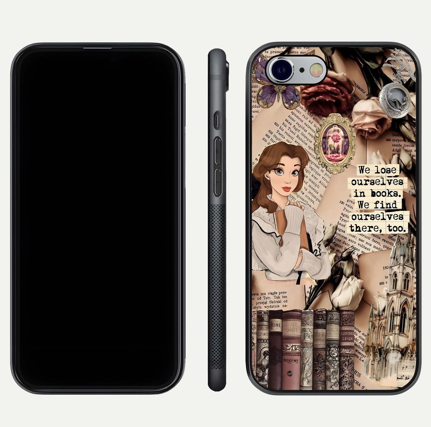 Bookish Dream World Glass Case for iPhone 16 Pro dual-view layout displaying colorful fantasy print and edge finish